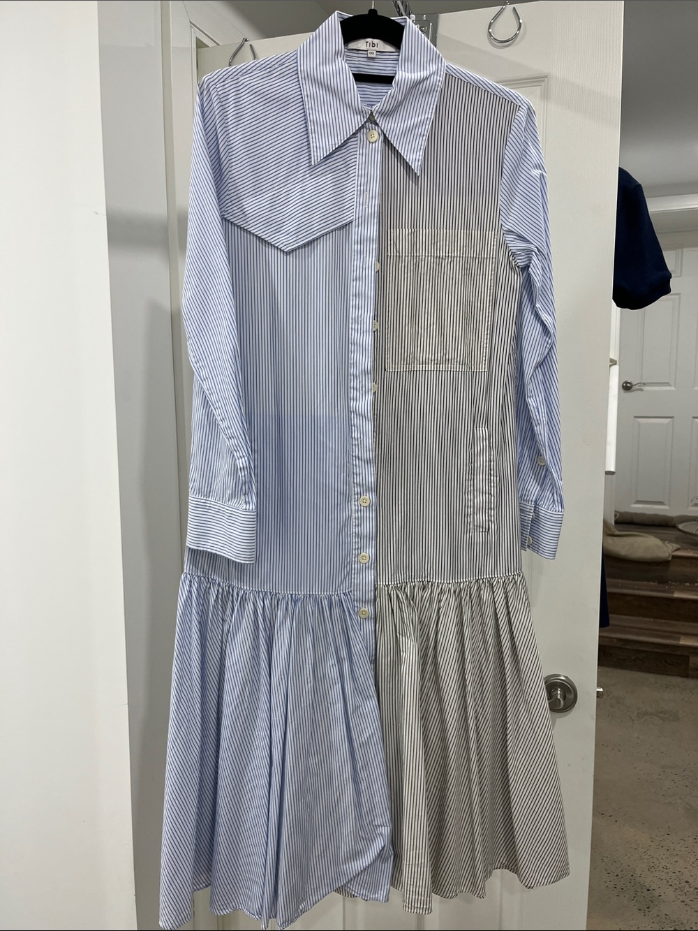 Tibi Blue and Gray Striped Long-Sleeve Shirt Dress